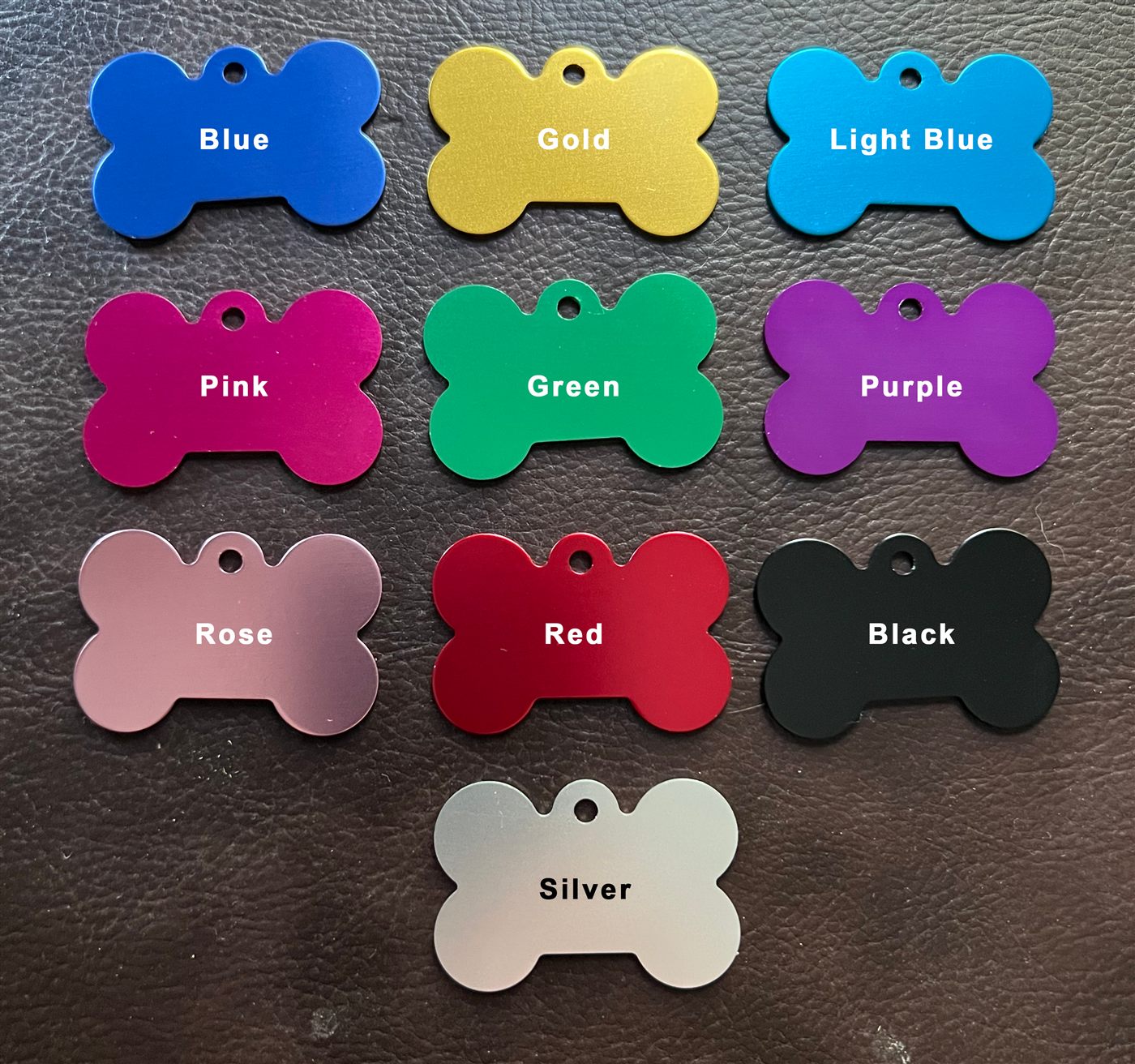Bone-shaped pet ID tags in a range of anodized colors